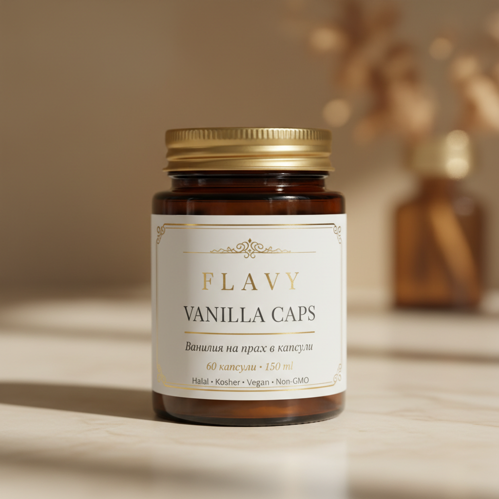 Flavy Vanilla Caps — amber буркан 150ml, 60 капсули, златна капачка